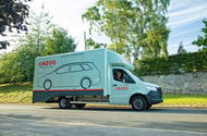 Cazoo Mercdes Sprinter car transporter front quarter tracking