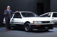 Akio Toyoda with Toyota Corolla Sprinter Levin BEV concept 2023