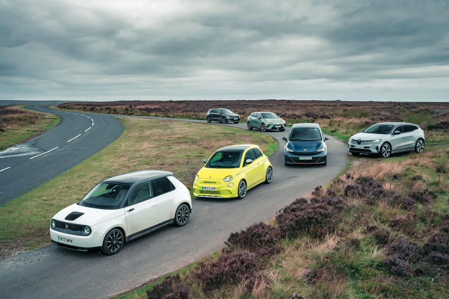 Most fun electric car – line-up parked beside road on North York moors