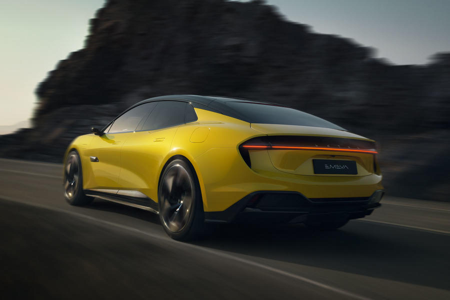 Lotus Emeya driving – yellow, rear quarter, with rear light on