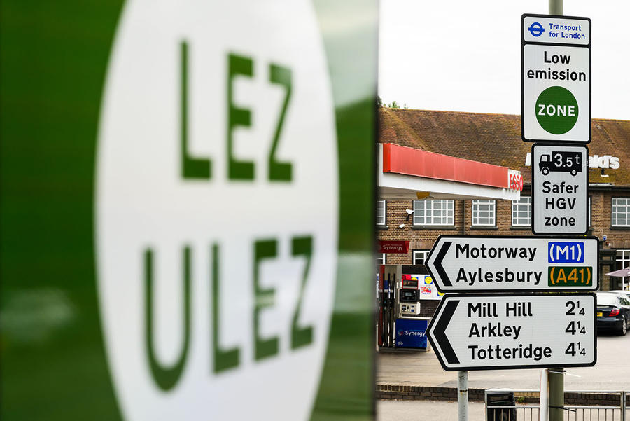 ULEZ sign at Junction pointing to Mill Hill, Arkley and Totteridge