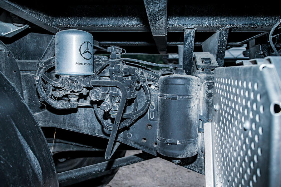 A close-up shot underneath a Unimog