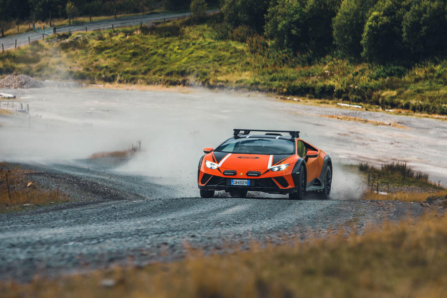 Lamborghini Huracan Sterrato powersliding on gravel – front