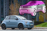 Fiat 500e parked with Fiat Panda concept superimposed above